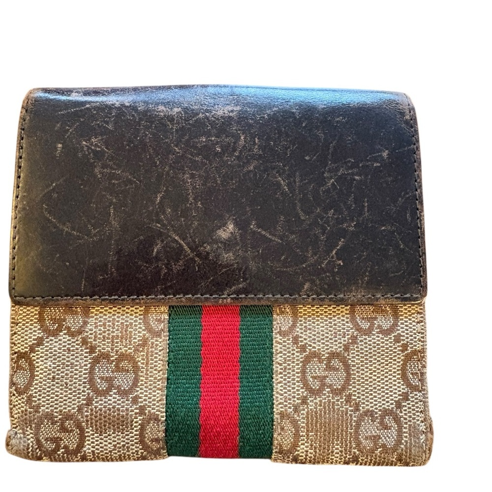 Vintage Gucci Beige Monogram Wallet with Black Leather and Red-Green Stripe